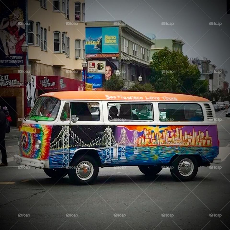 Love, peace, San Francisco, bus, colorful, cloudy day, brightly car 