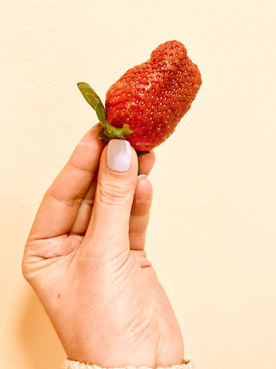 Women's hand holding strawberry