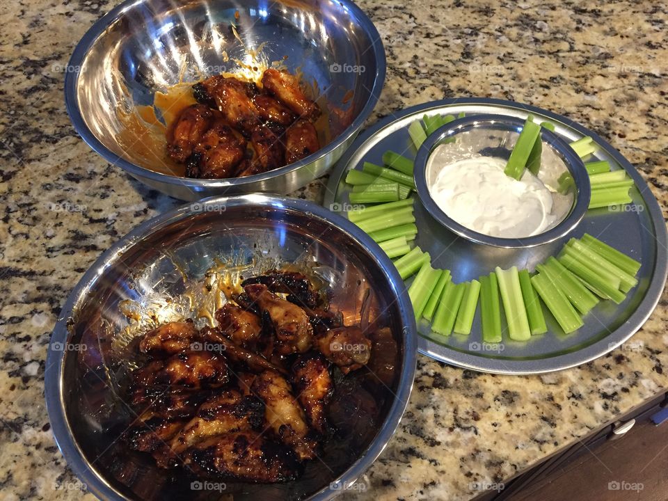 BBQ wings, celery and homemade blue cheese   Oh so good