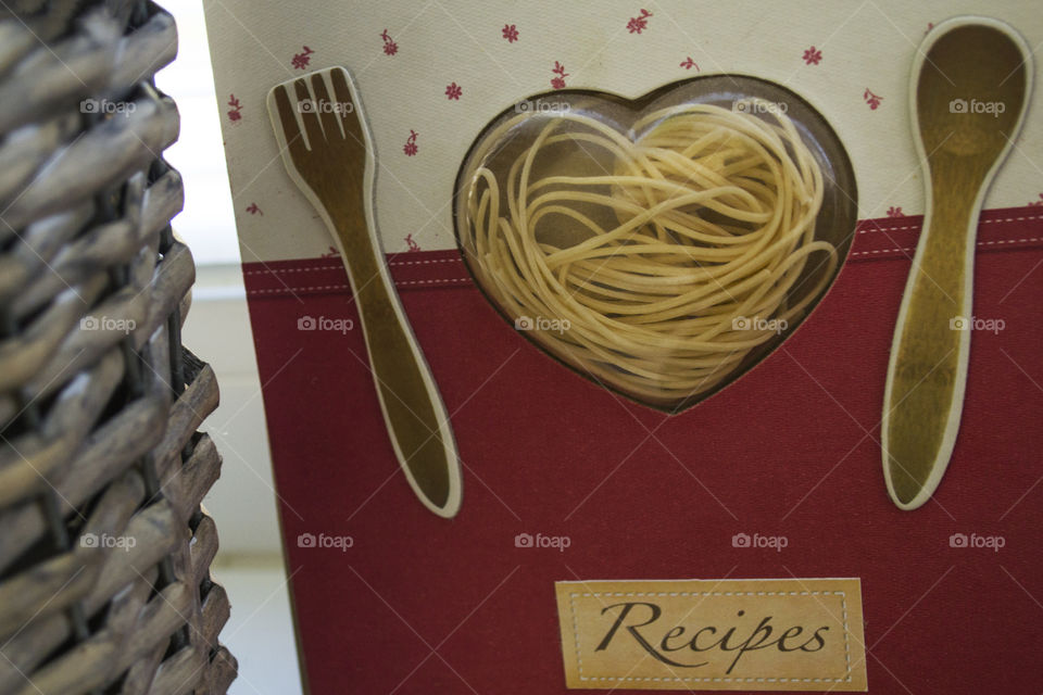 Close-up of a unique recipe book on the kitchen counter