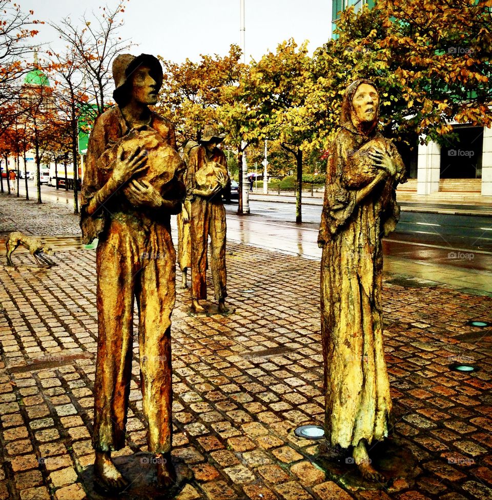 street sculptures on a rainy autumn afternoon in Dublin