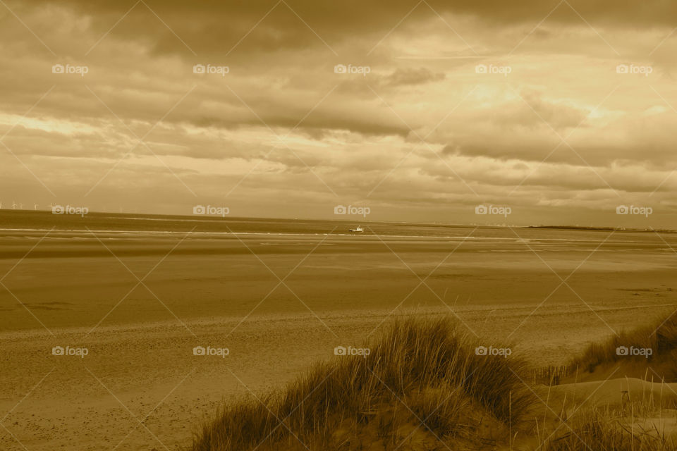 beach sea boat sepia by sicksaint77