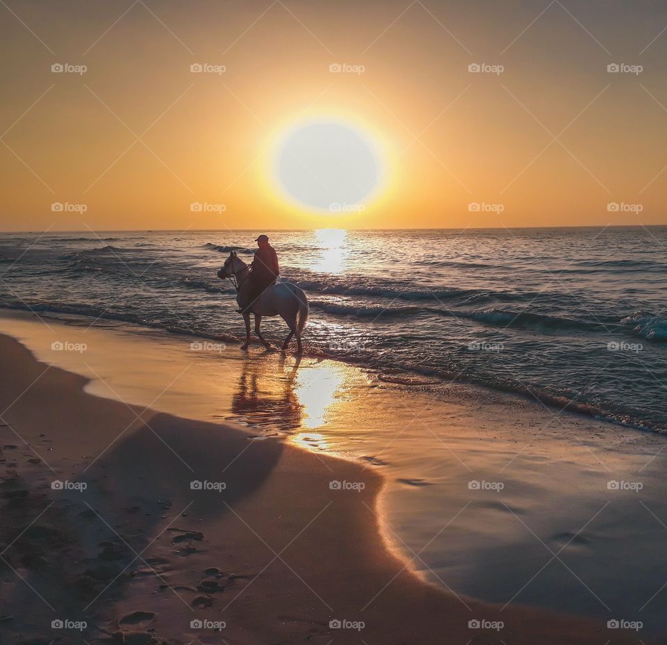 A wonderful shot of a man riding a horse during the sunset