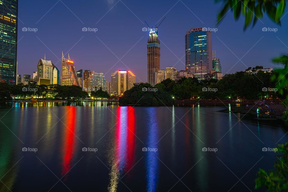 The view of buildings in water .