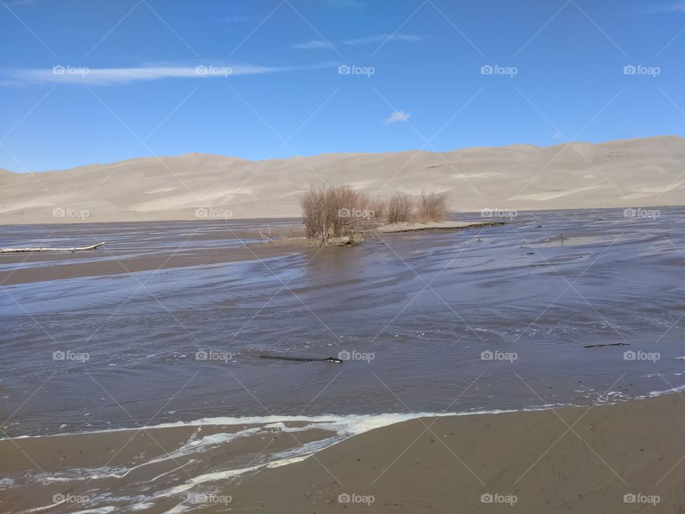 Stream of water passing brush on sand dune in desert hills