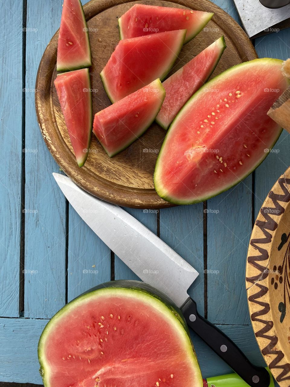 Watermelon on blue table