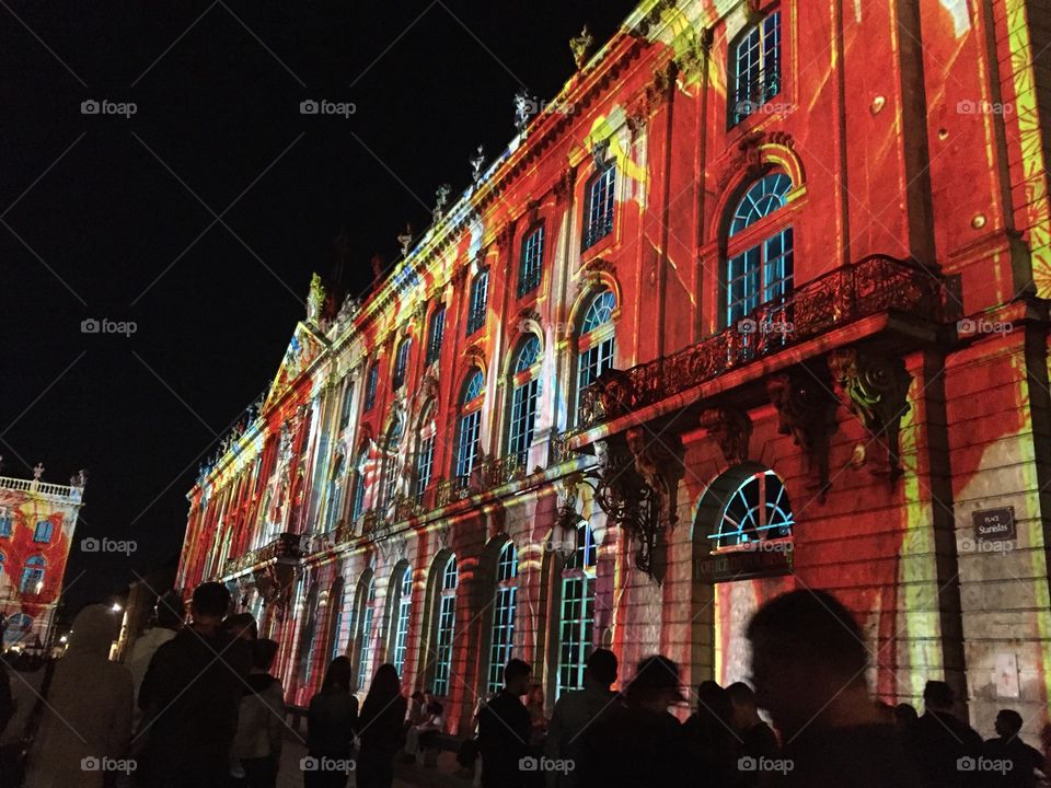 Sound and light festival in Stanislas Place in Nancy France at night