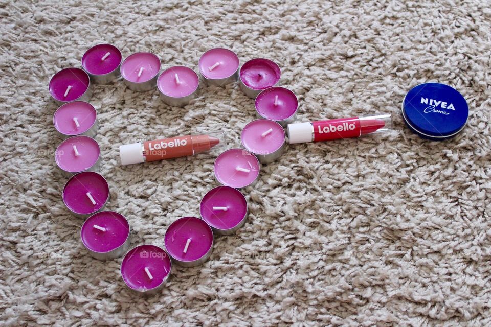 Nivea lipstick and bodycare, Labello and pink Candles, pink heart 