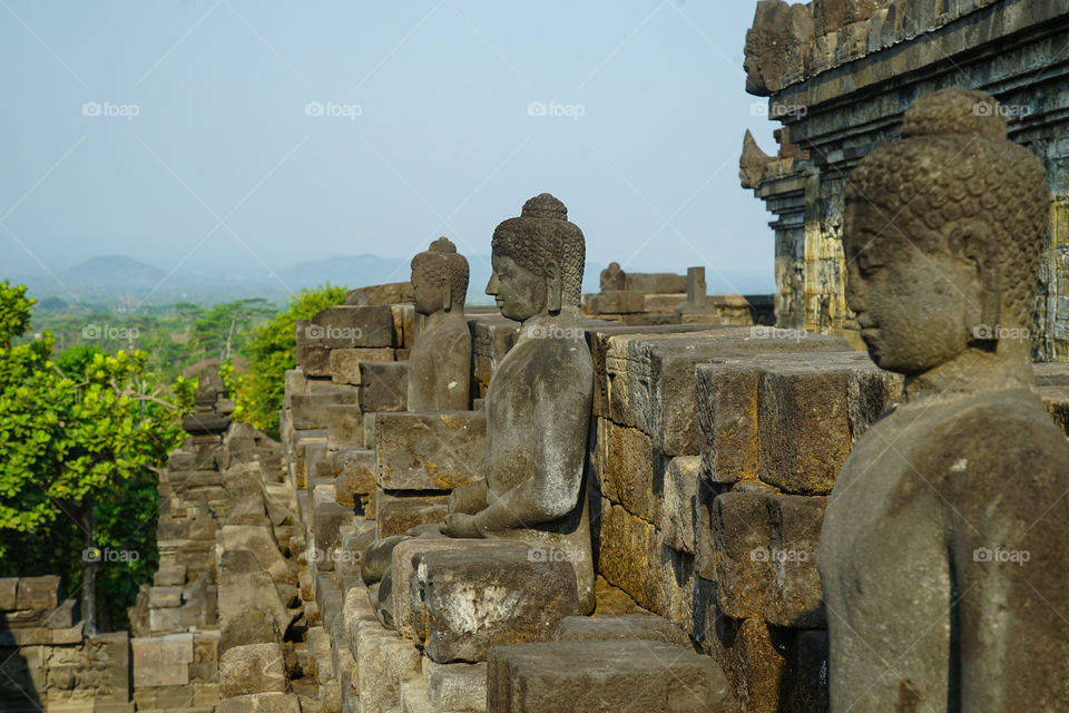 buddha statues in borobudur temple facing the open field