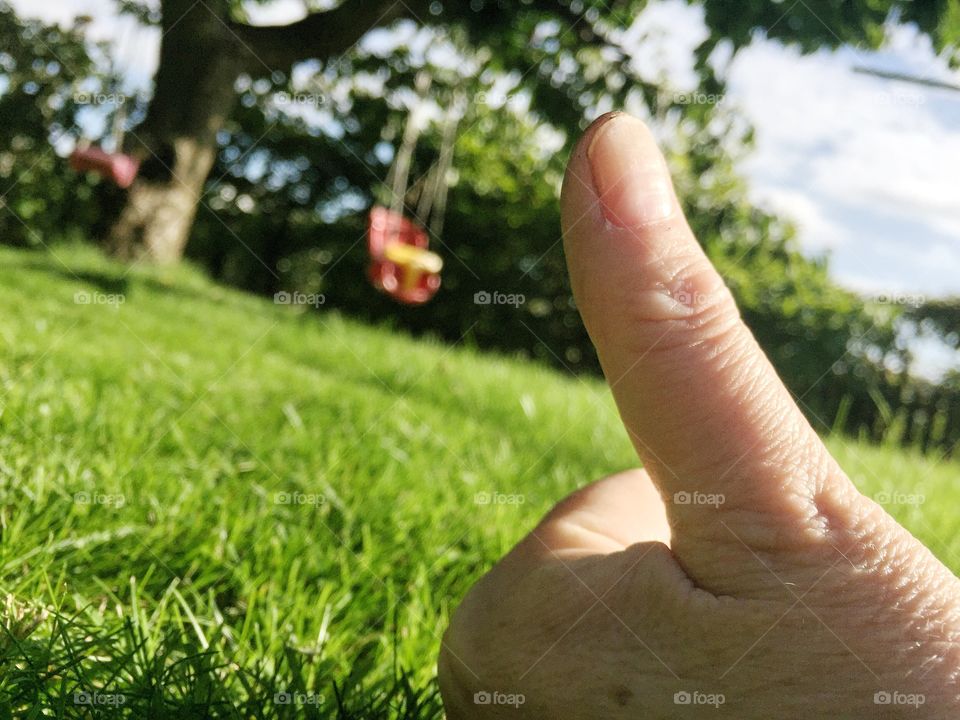 Thumb up in the garden close to the ground and a tree with a swing in the background 