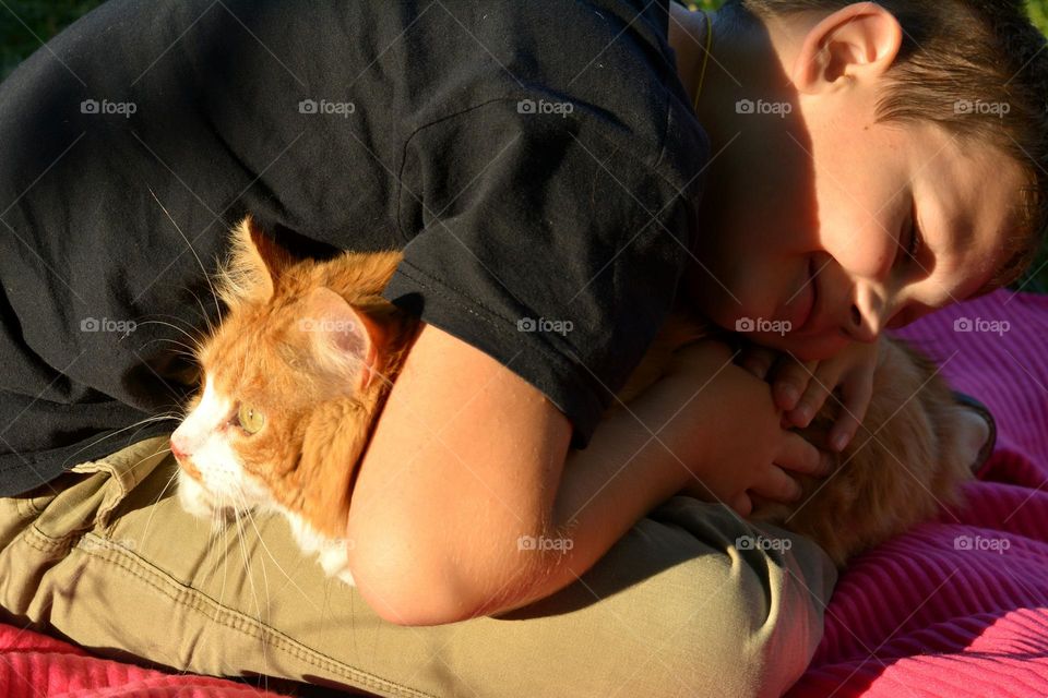 child and cat outdoor, happiness