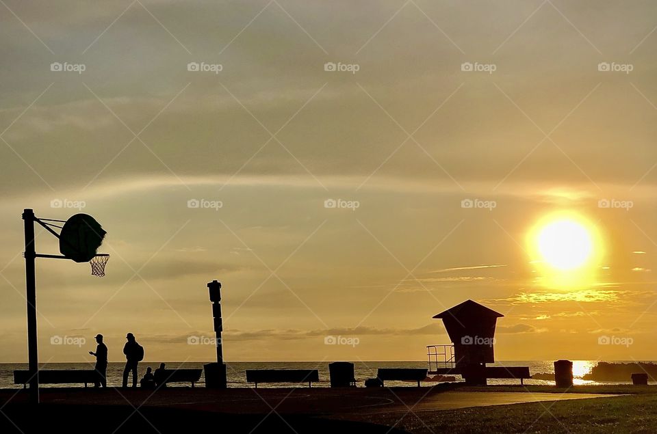 Foap Mission “Color Black”! Black Silhouette Of Lifeguard Stand And People At Sunset On The Beach!