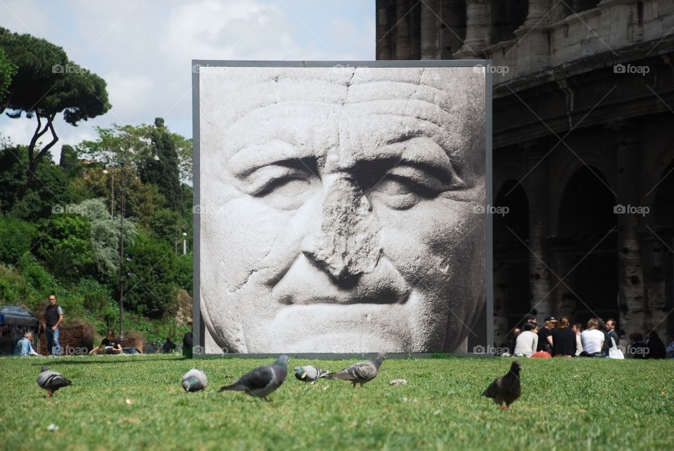 No nose. A large image of  a sculpture of Davinci's  face outside the Roman Colosseum 