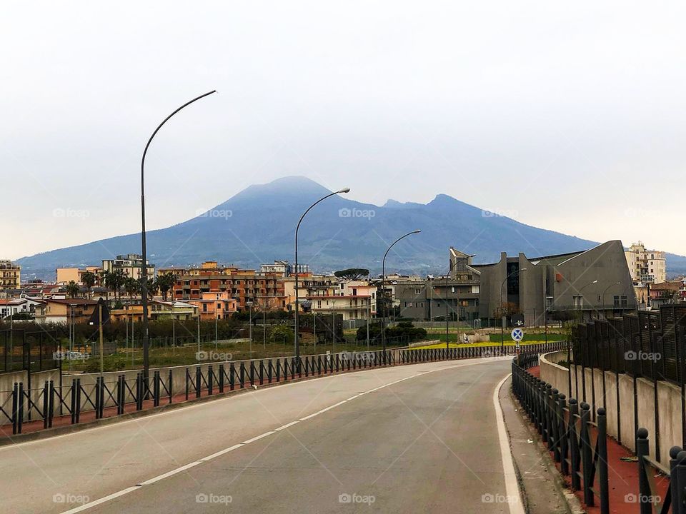 The road to the town of Scafati.  Vesuvius in the background