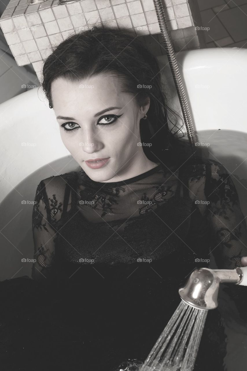 Woman and magic mirror , take shower