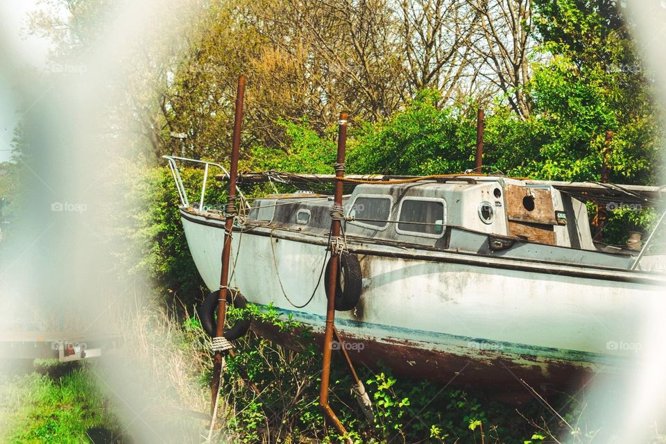 Abandoned boat spotted in a workshop yard in Yorkshire
