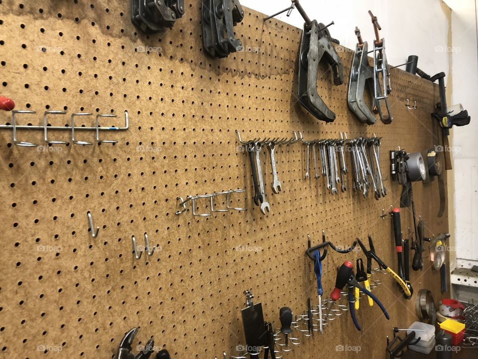 Tools on a pegboard