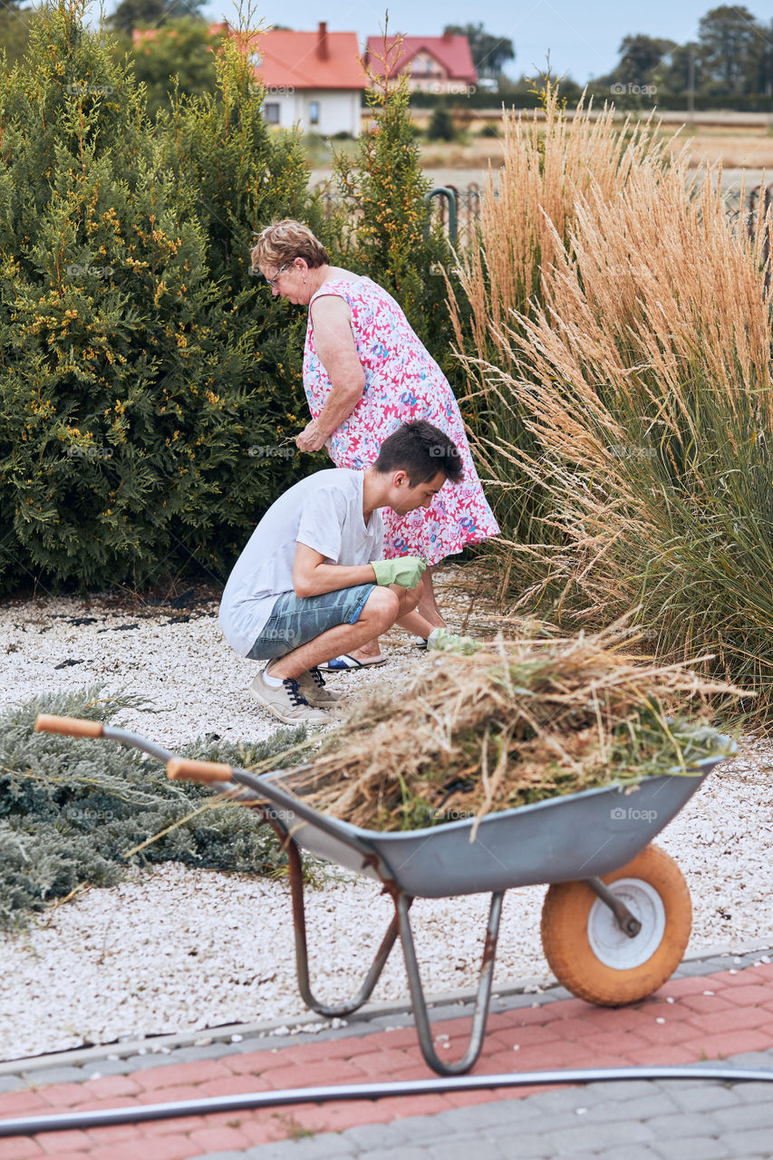 Grandchildren helping grandmother at a home garden. Candid people, real moments, authentic situations