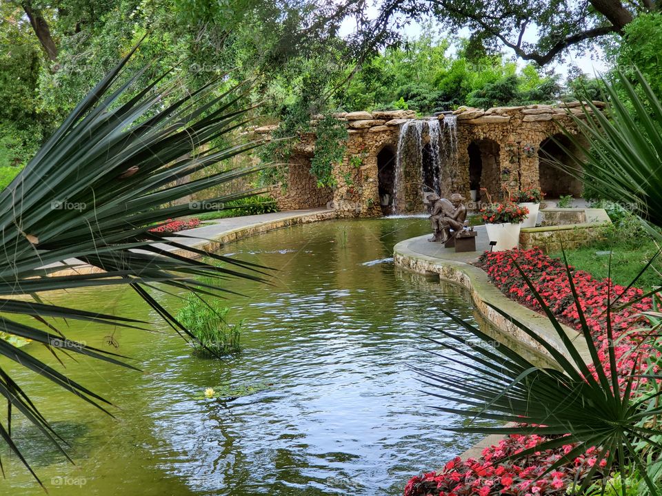 Pond, waterfall, landscaping Dallas Arboretum