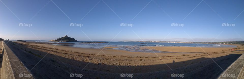 Early morning panoramic view of St Michaels mount in Penzance, Cornwall.