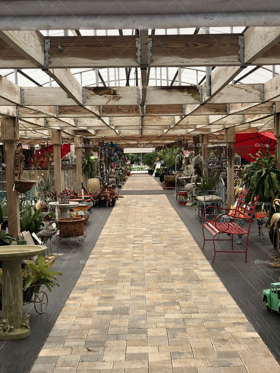 Long stone path under greenhouse trellis