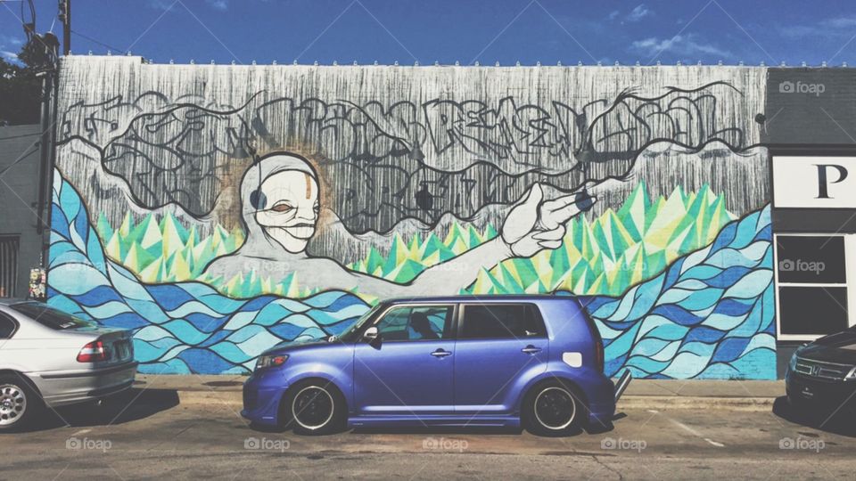 My 2010 Scion xB In Front Of An Awesome Mural In Oklahoma City, Oklahoma.