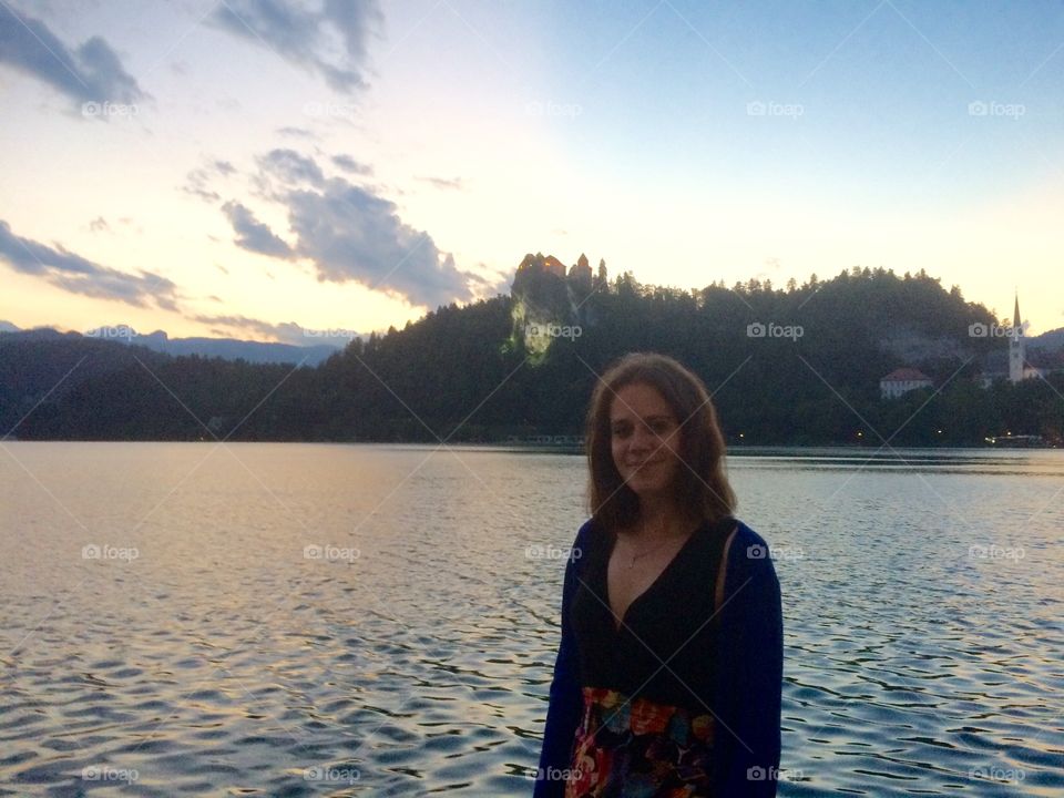 Enjoying an evening walk along the lake side in Lake Bled, Slovenia 