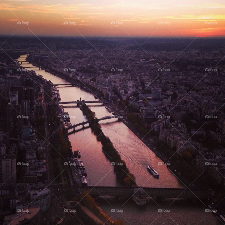 High angle view of paris city during sunset