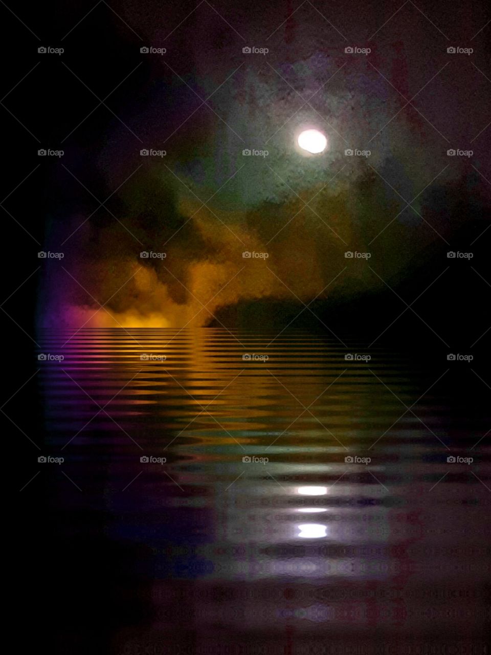 moon shining through the trees reflecting on the water