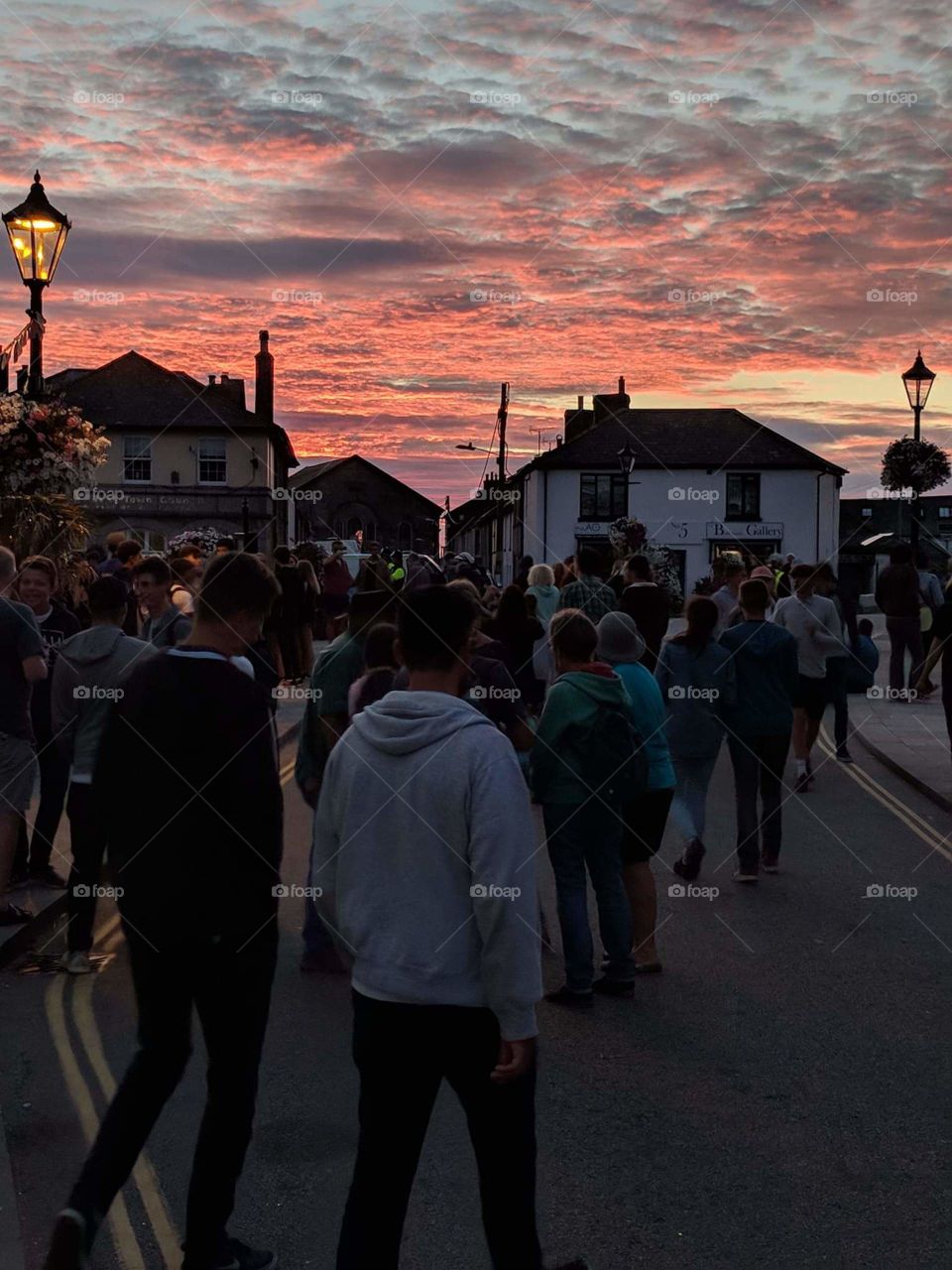 Sunset at Lafrowda festival in St Just. Amazing colours in the sky over a small village in Cornwall.