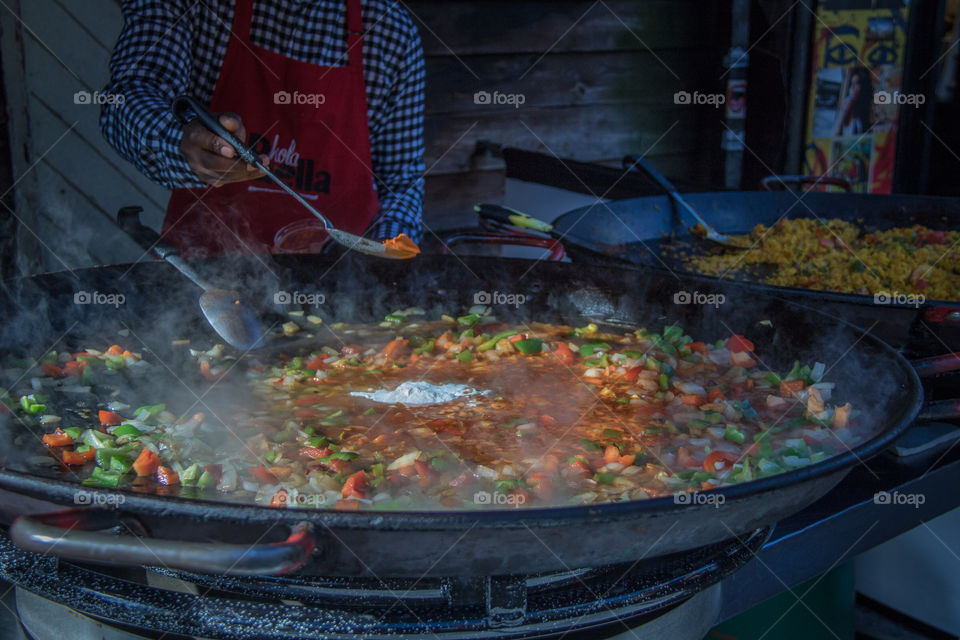 Cooking seafood paella 