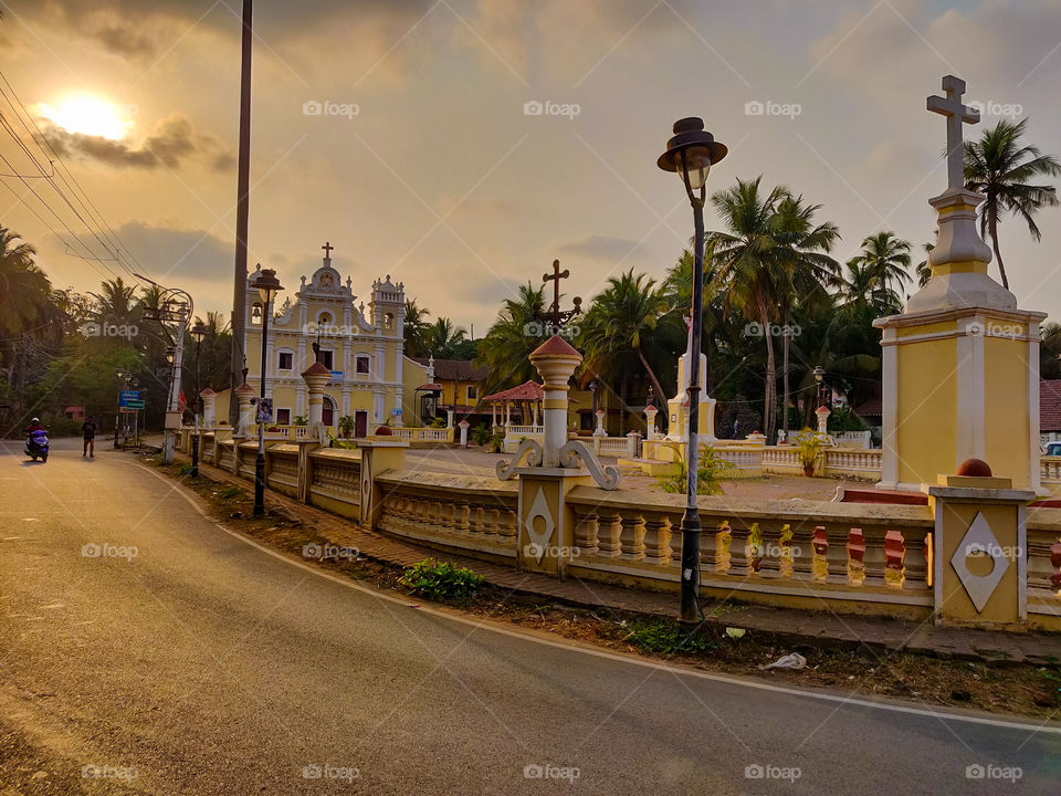 beautiful church illuminated with sunlight during golden hours captured on a road trip