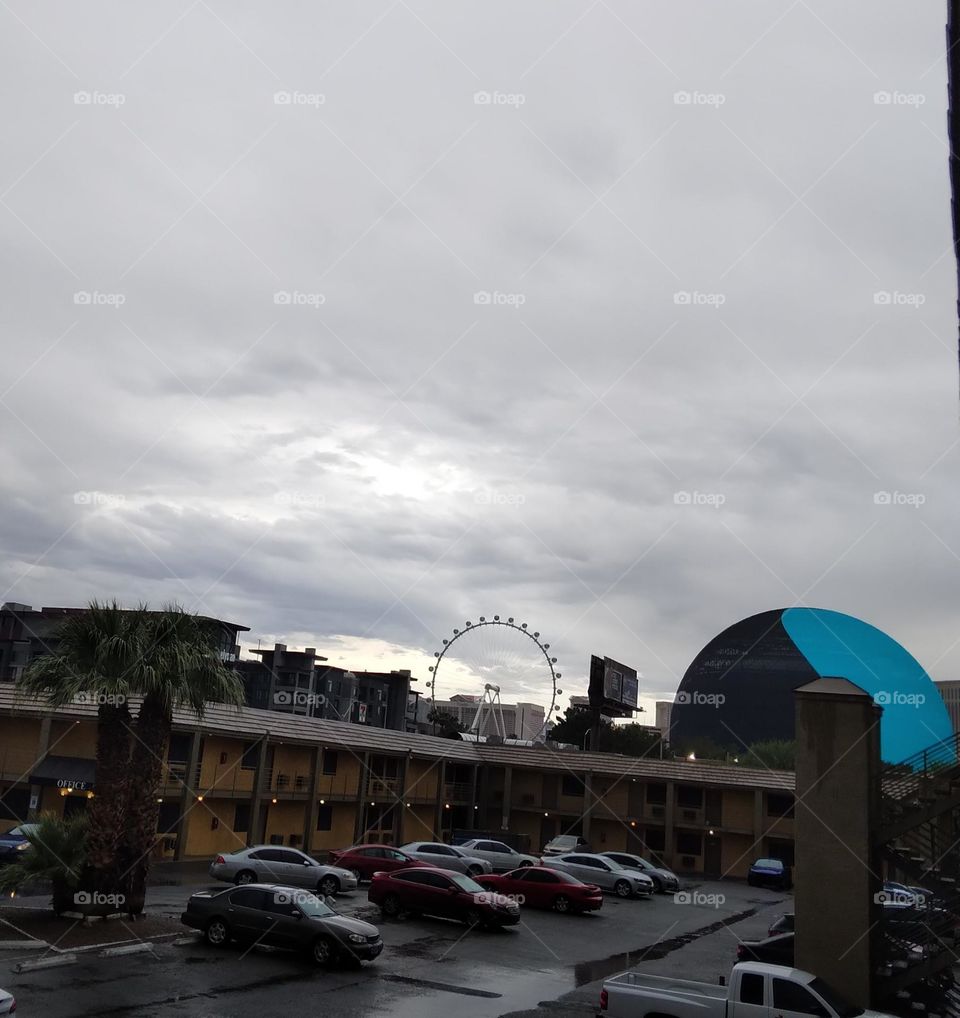 A rainy day in Las Vegas Nevada with the High Roller and MSG Sphere in the background