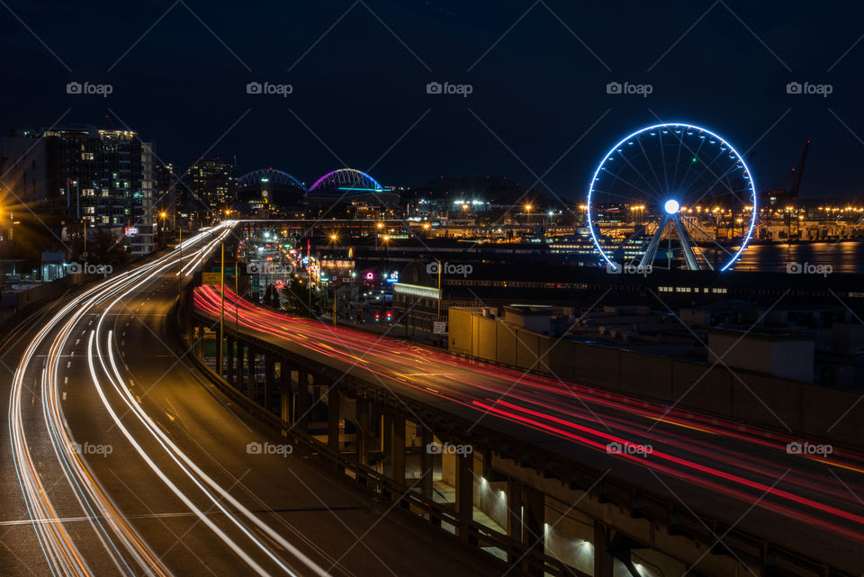 Light stream traffic at the Seattle waterfront