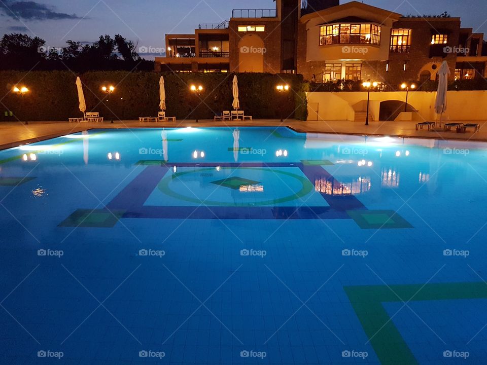 hotel pool at night