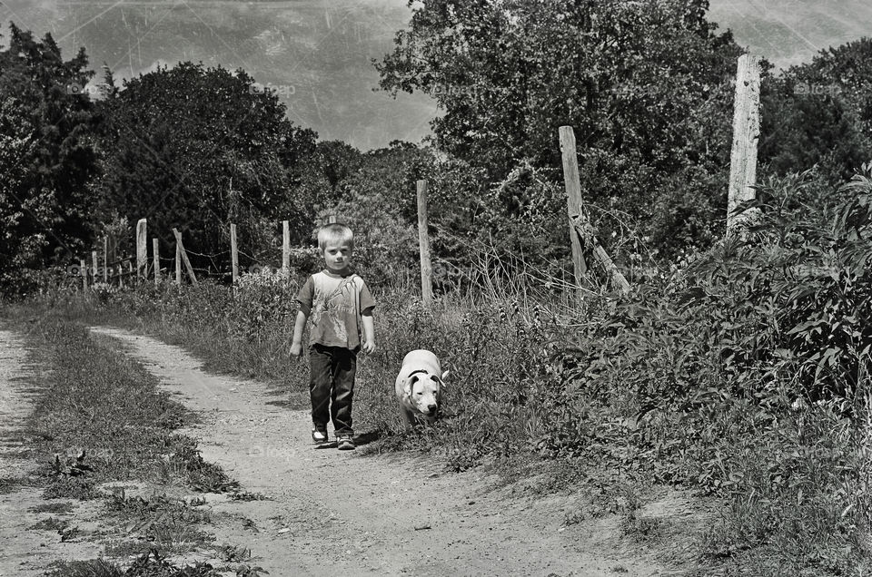 Boy and his dog walking down a country dirt road