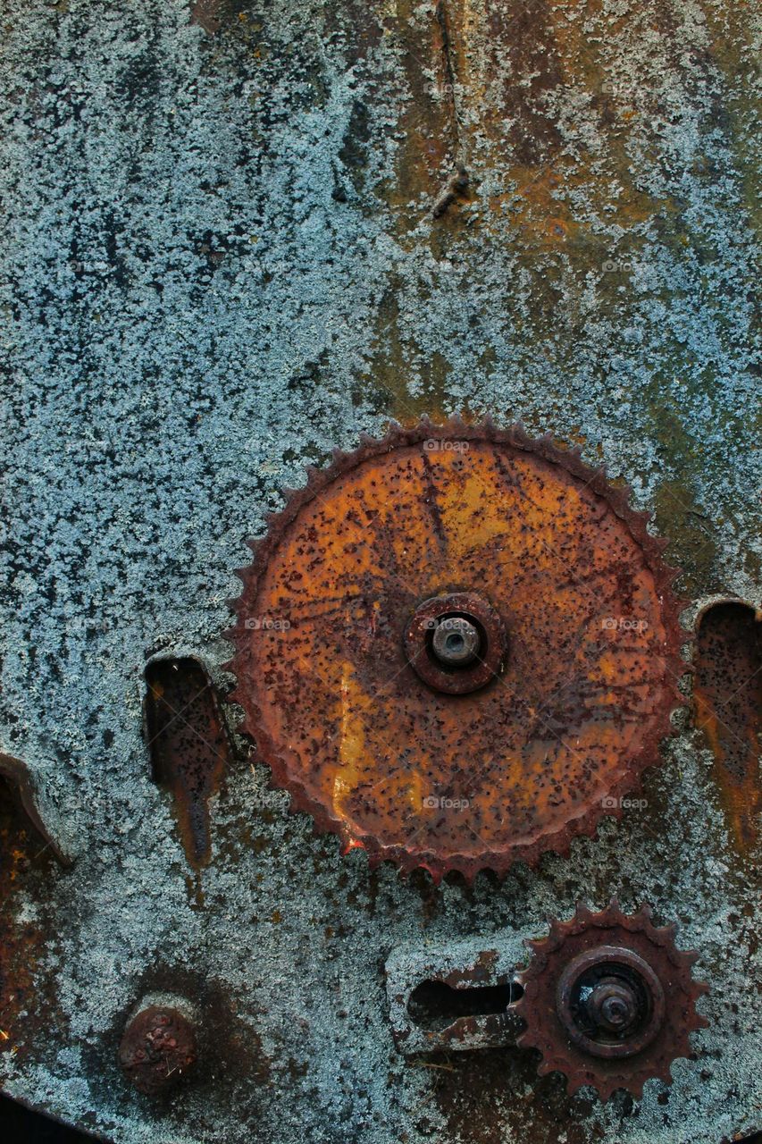 a huge rusty gear sticking out of a rusty mossy wall