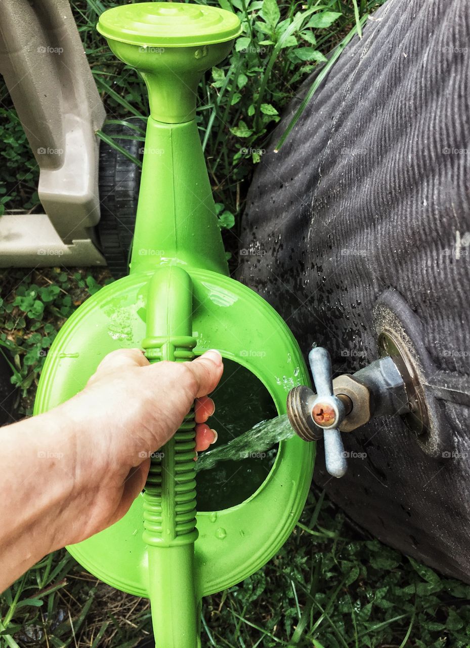 Filling up a watering can to go water the garden