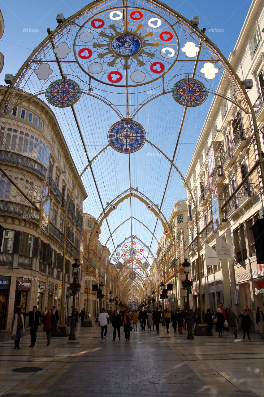 Beautiful Christmas decorations in the main walking street of Malaga in Spain