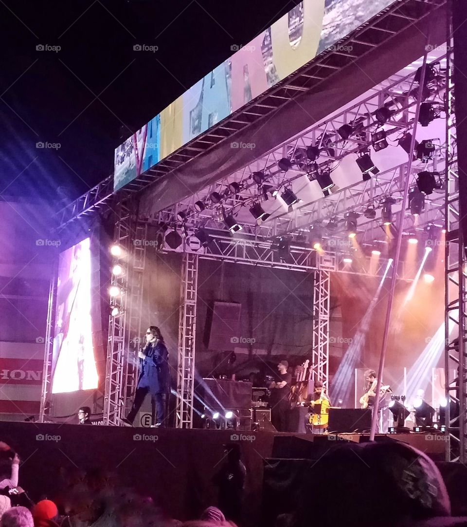 Music show,  female singer at stage,  purple lights