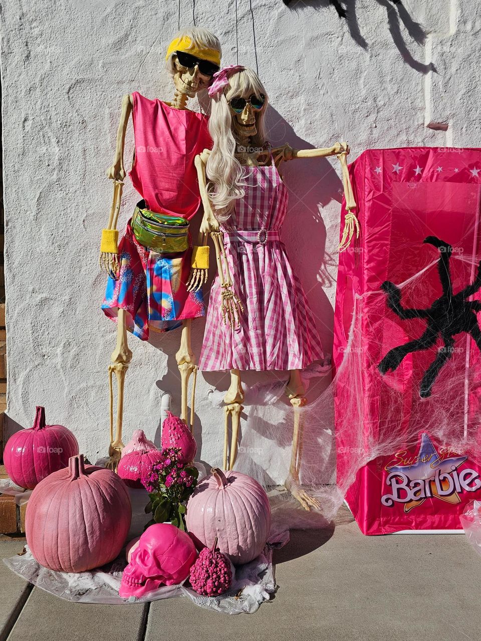 Cute and creative fall Halloween decorations in San Francisco California based on the Barbie and Ken dolls adorning a home, with vibrant pink adorned skeletons and pumpkins 