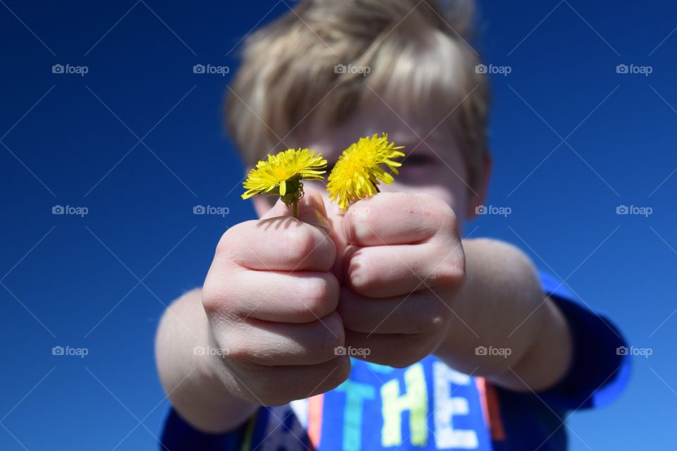 Boy picked flowers for mom