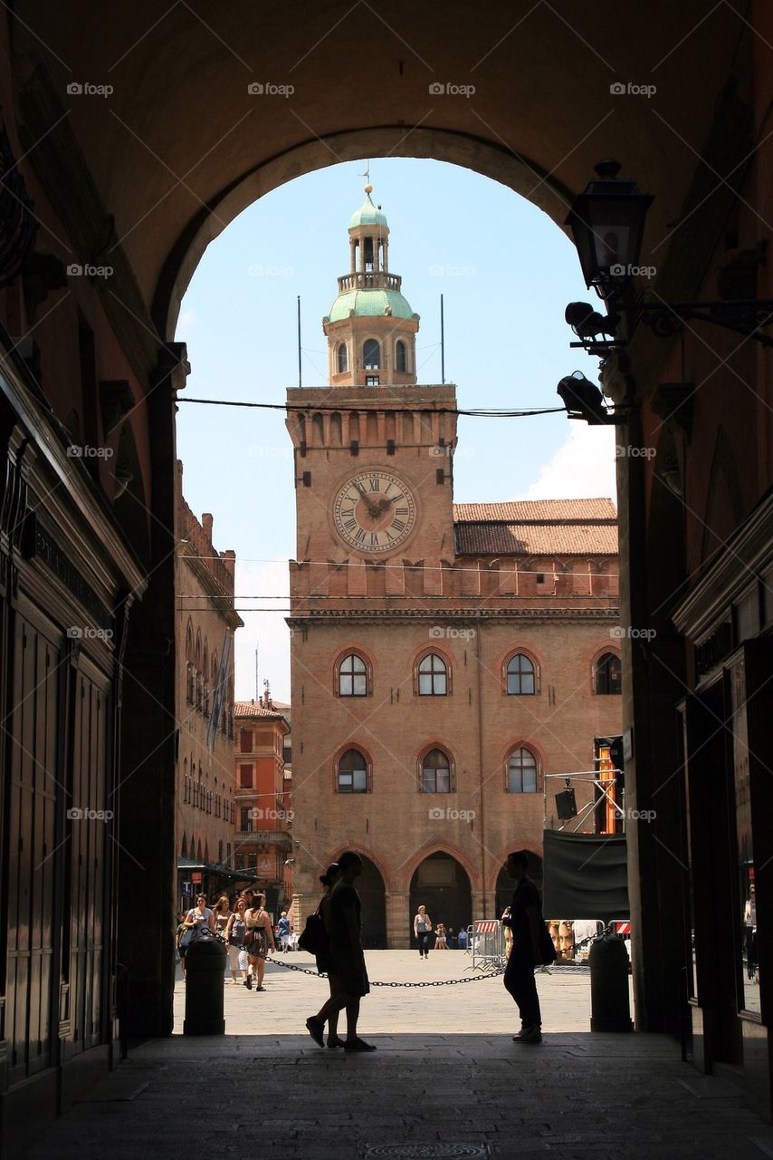 Looking at Piazza Maggiore in Bologna Italy