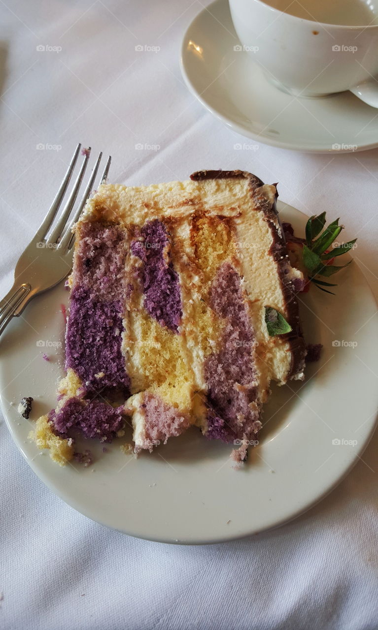 A piece of purple marbled cake.