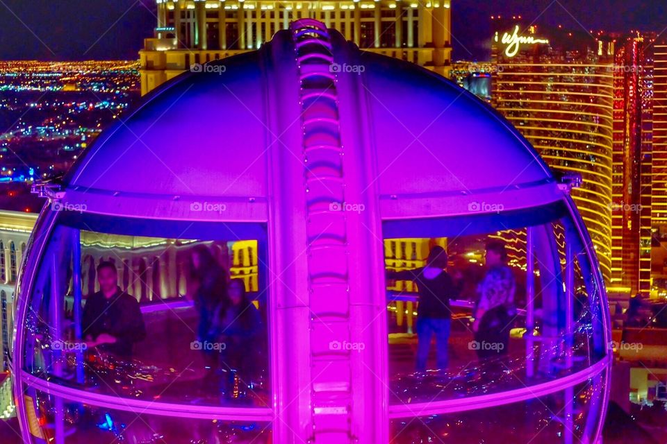 A view of the Las Vegas skyline from a pod onboard The Wheel Ferris wheel ride in Las Vegas, Nevada. 