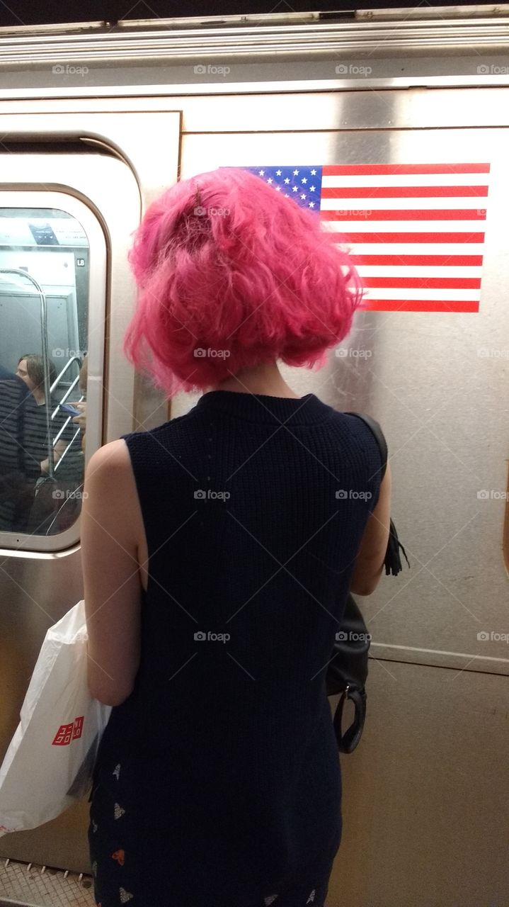 Fun pink hair in NYC Subway