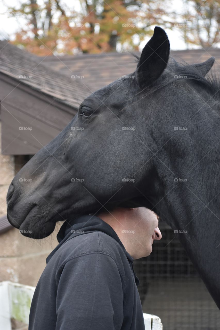 Snuggling with his horse