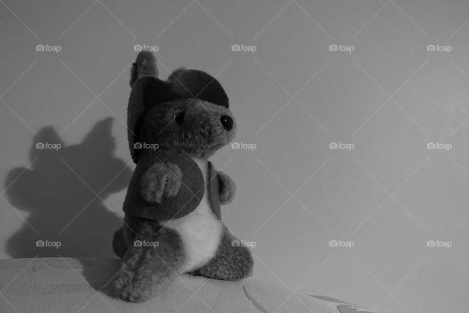 Monochrome image of kangaroo soft toy.