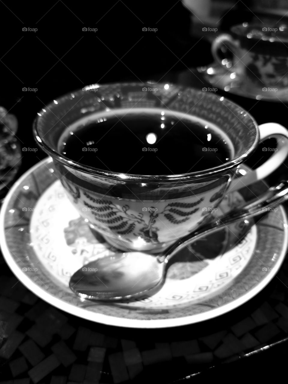 Black and white filtered photo of aromatic coffee in an Ueno cafe in Tokyo, Japan