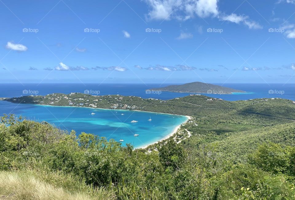 View from the top of a mountain overlooking Magens Bay Beach in St Thomas